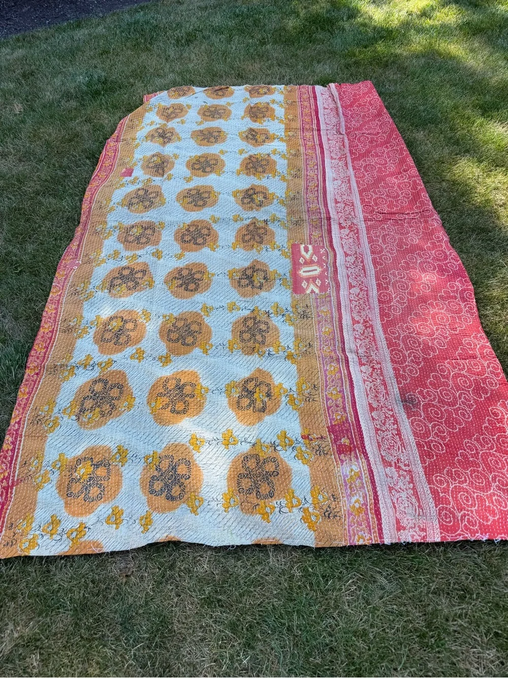 Vintage Handmade Kantha Quilt Blanket - Reversible Boho Cotton Throw
